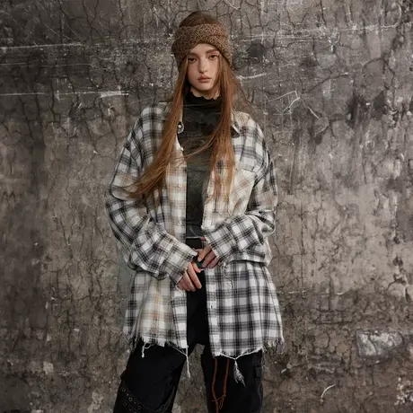 设计感做旧毛边拼接格子衬衫女春秋2024新款美式复古衬衣宽松上衣图片