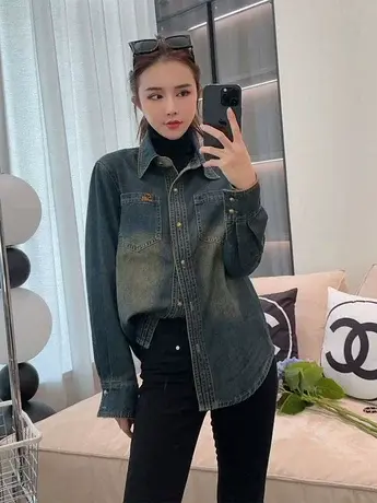 复古港风磨毛加厚牛仔衬衫女秋冬季宽松内搭叠穿上衣长袖衬衣外套商品大图