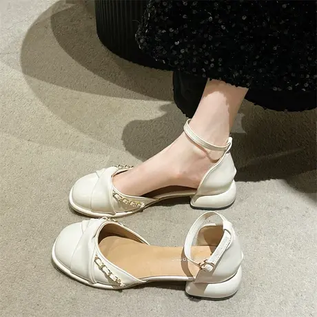 玛丽珍鞋女鞋2024春夏季新款中空一字扣带凉鞋白色气质百搭小皮鞋商品大图