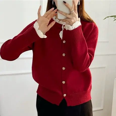 2024春秋新款本命年红色毛蕾丝边设计感针织开衫外套女短款上衣女图片