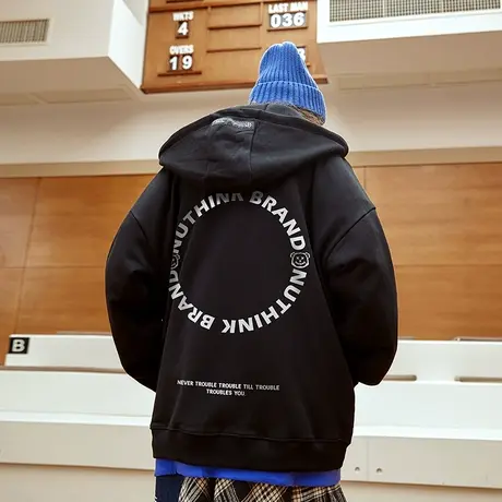 Nuthink国潮oversize连帽开衫卫衣男潮加绒高街hiphop潮牌外套冬商品大图
