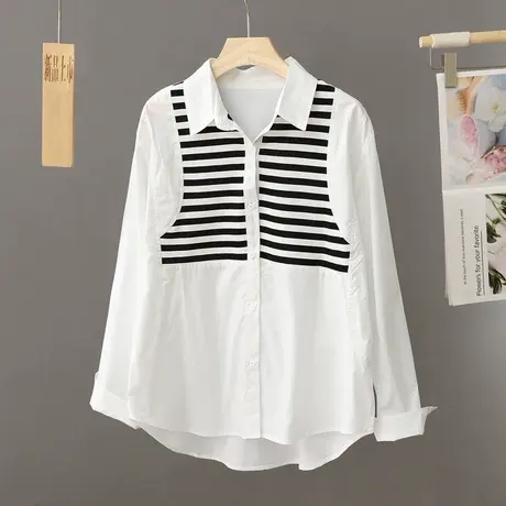 2024新款爆款条纹拼接衬衫女式中长款大码休闲上衣设计感小众衬衣图片
