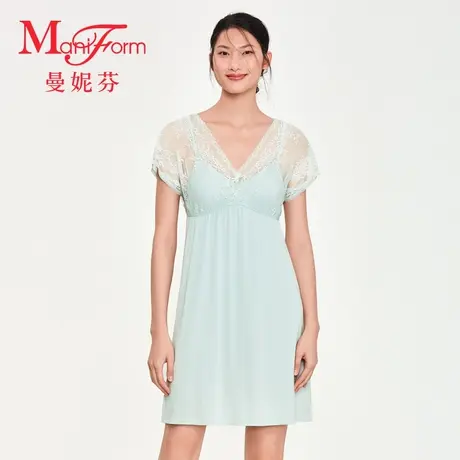 【带胸垫】曼妮芬女士家居服短袖睡裙舒适性感蕾丝起居服套装女商品大图