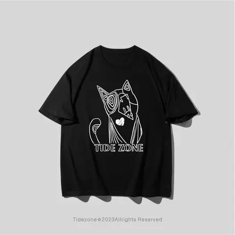 Ohlyah国潮美式街头小众设计复古做旧线形猫咪水洗黑短袖T恤男女图片