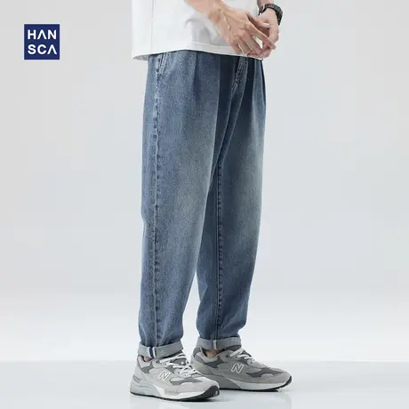 hansca牛仔裤潮牌男宽松直筒青少年春季加肥加大码休闲水洗哈伦裤商品大图