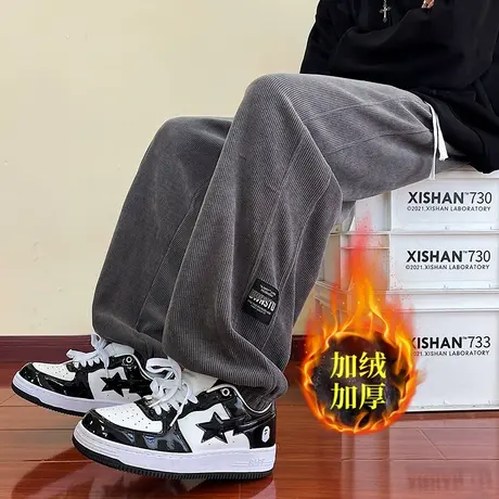宽松休闲裤子男冬款加绒大码男裤运动卫裤秋冬潮牌美式重磅束脚裤商品大图
