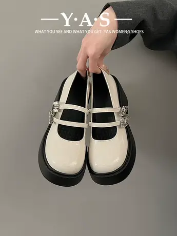 白色圆头复古粗跟厚底小皮鞋女2024新款春秋法式增高玛丽珍单鞋子商品大图