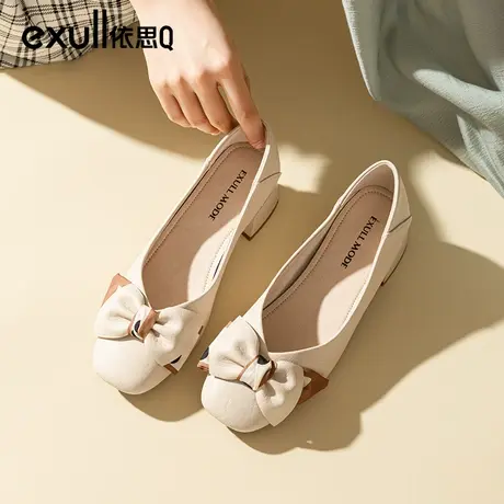 依思q晚晚鞋2024年春季粗跟浅口单鞋蝴蝶结高跟鞋软皮一脚蹬女鞋图片