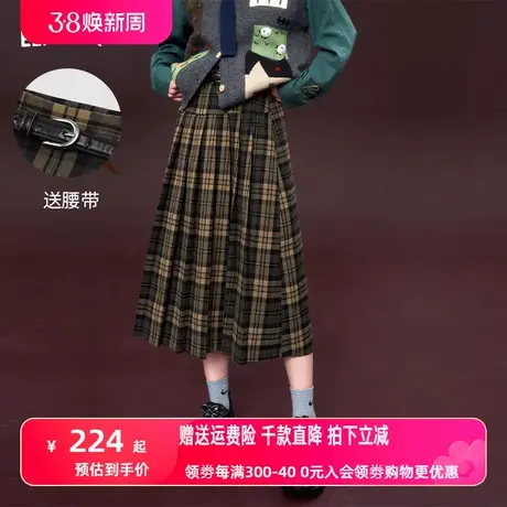妖精的口袋格子百褶毛呢半身裙女2023冬季新款格纹学院风半身长裙图片