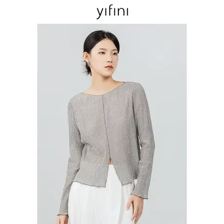 Yifini/易菲肌理压褶显瘦修身长袖上衣女2023秋季新款休闲套头衫商品大图
