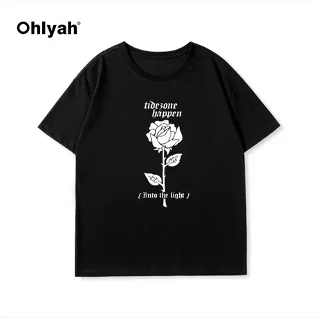 Ohlyah美式国潮牌植物花卉纯棉短袖t恤男女oversize情侣宽松上衣商品大图