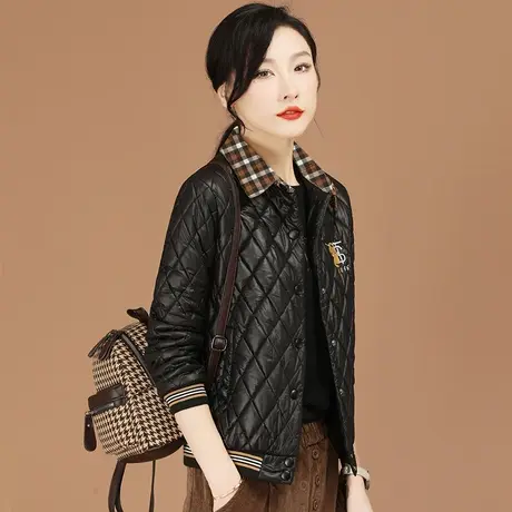 韩潮袭人2023冬新款格纹POLO领长袖菱格棉服加厚宽松棒球服外套女图片