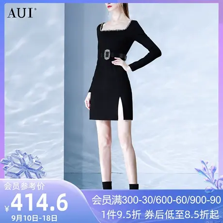 AUI小个子黑色针织连衣裙女秋2023新款设计感气质方领开叉一步裙图片
