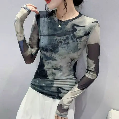 晕染打底衫女长袖春秋2023新款时尚网纱T恤流行洋气内搭修身上衣商品大图
