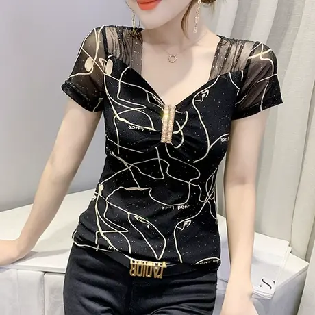 欧货性感网纱短袖T恤女时尚印花V领小衫夏季洋气上衣显瘦修身半袖商品大图