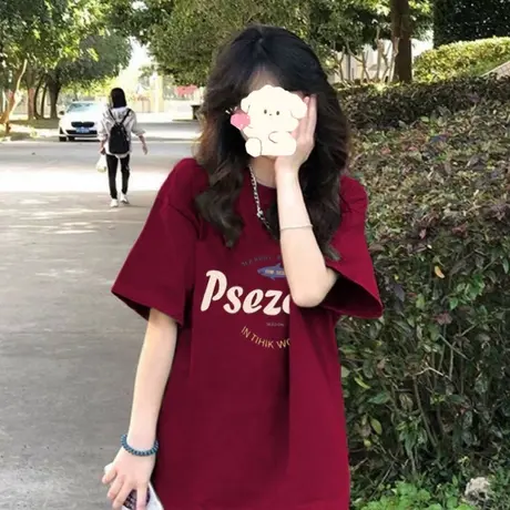 短袖t恤女2023年新款夏季港味复古设计感小众酒红色纯棉上衣chic商品大图