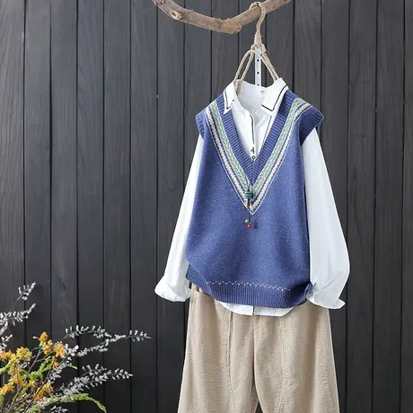 春秋新款V领套头针织马甲女文艺范拼色无袖坎肩宽松外搭背心上衣商品大图