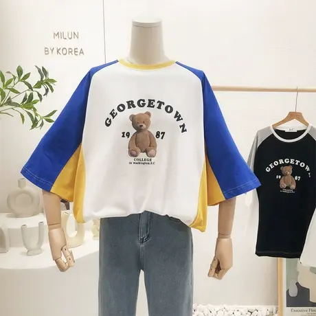 设计感短袖上衣2022夏装新款韩国东大门拼色小熊宽松T恤欧货大码图片