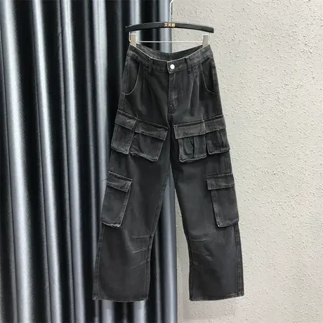 2023秋季新款高腰牛仔裤女百搭宽松直筒拖地裤多口袋设计感工装裤图片