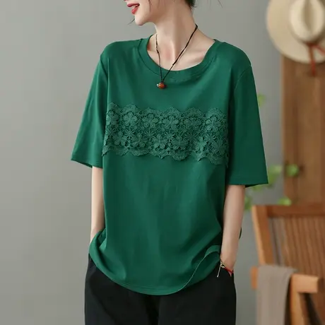 dza复古钩花刺绣T恤女2023夏季圆领短袖打底体恤宽松显瘦套头上衣商品大图