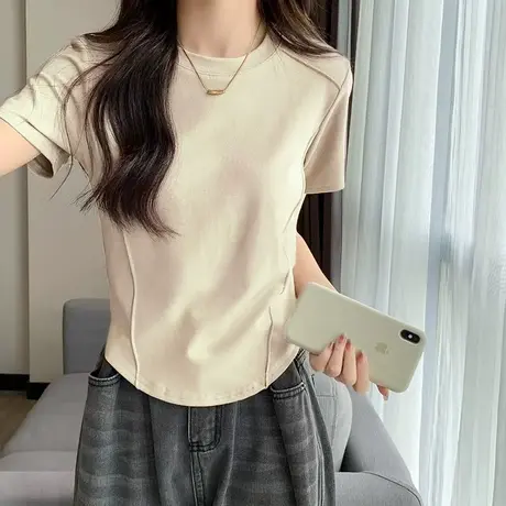 奶杏色圆领短袖t恤女正肩显瘦夏季新款甜美小众短款鱼骨纯色上衣图片