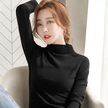 秋冬纯色长袖打底衫女春内搭韩版半高领设计感上衣气质潮超火洋气图片