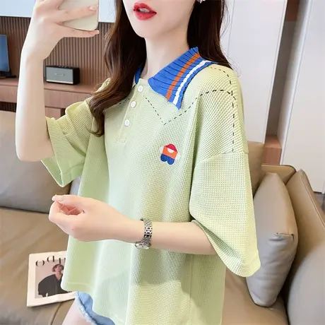 设计感小众短袖t恤女夏季韩版宽松大码女装polo领半袖小个子上衣图片