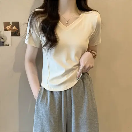 纯棉短款V领上衣短袖女ins潮流百搭韩版夏季修身显瘦半袖上衣体恤图片