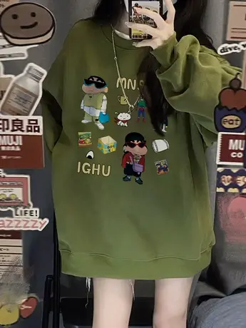 圆领卫衣女美式复古春秋2023新款小个子高级感宽松无帽慵懒风上衣图片