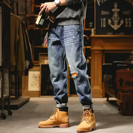 破洞牛仔裤男春秋款潮牌男装痞帅休闲长裤子2022秋季新款宽松直筒商品大图