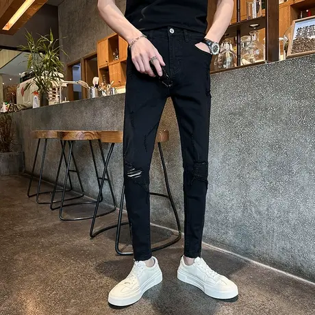 2023夏季新款个性破洞黑色牛仔裤男潮修身小脚裤特色拉链铅笔裤子商品大图