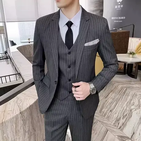 西服套装男韩版修身商务正装新郎西装伴郎结婚礼服条纹西服两件套商品大图