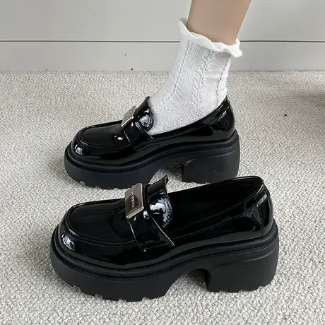黑色厚底小皮鞋女英伦学院风2023新款JK单鞋圆头粗跟一脚蹬乐福鞋商品大图