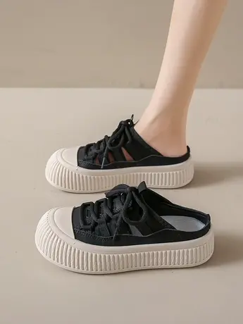 2023夏季新款镂空透气厚底小白鞋女一脚蹬懒人无后跟半拖休闲板鞋商品大图