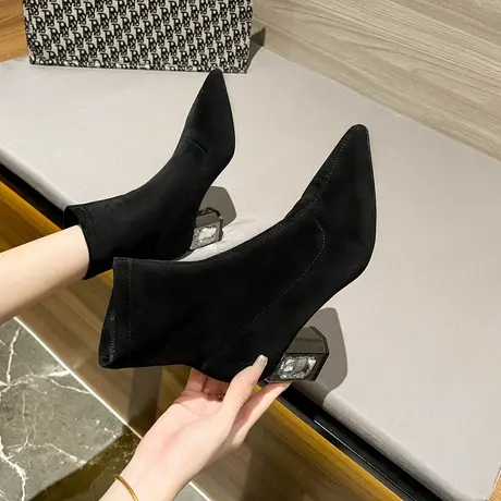 弹力短靴女粗跟2023年秋冬新款时尚水钻瘦瘦靴尖头绒面百搭短筒靴图片