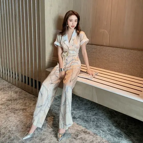 时尚气质印花阔腿裤收腰欧美女装显瘦2024款连身裤垂感短袖连体裤图片