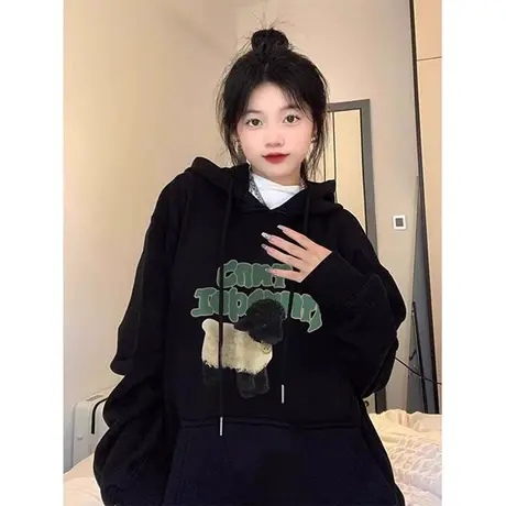 大码春秋季胖mm加绒加厚卫衣女黑色连帽美式宽松遮肚子上衣200斤商品大图