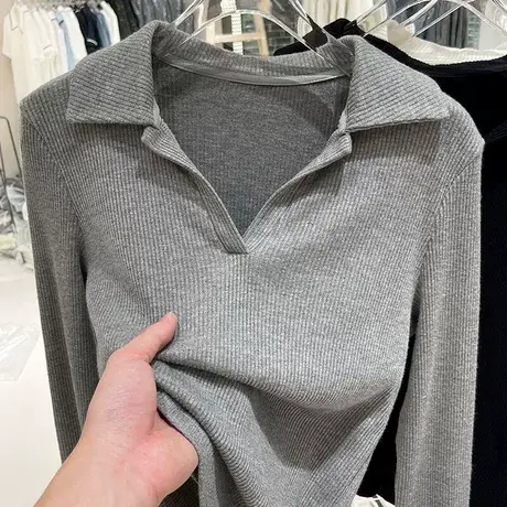 高端欧货翻领针织打底衫女秋冬内搭显瘦长袖t恤ins修身洋气上衣服图片