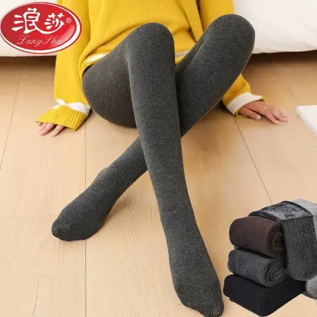 浪莎连裤袜女秋冬加厚加绒保暖裤条纹瘦身美腿踩脚外穿打底裤袜商品大图