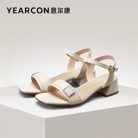 意尔康女鞋夏季新款真皮女士凉鞋一字带时尚舒适粗跟妈妈鞋图片
