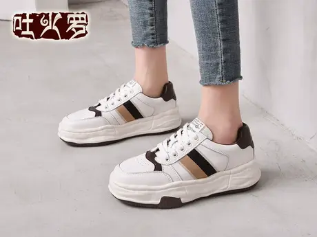 吐火罗女鞋2023春季新款休闲厚底小白鞋女百搭拼色平底轻便板鞋商品大图