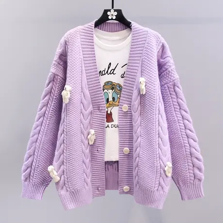 小清新玩偶小熊麻花毛衣外套女秋冬2023新款宽松慵懒风针织开衫图片