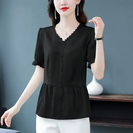 重磅真丝衬衫女夏季2023新款漂亮气质V领短袖收腰显瘦桑蚕丝衬衣商品大图
