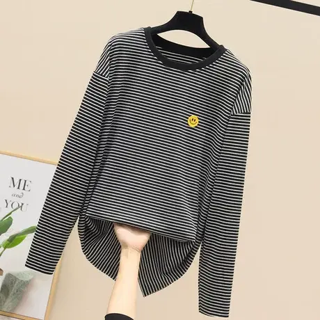 条纹磨毛长袖t恤打底衫女士2023秋冬新款韩版宽松中长款上衣ins潮商品大图