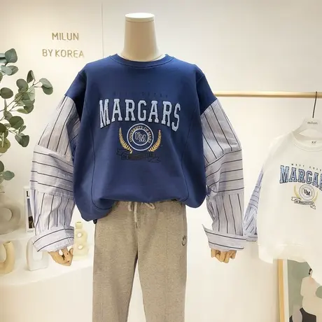 2021早秋新款韩国东大门复古设计感字母条纹衬衫拼接卫衣宽松休闲商品大图