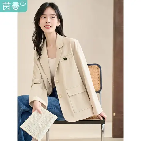 茵曼通勤纯棉西装外套女2023年春季新款休闲翻领宽松显瘦长袖上衣图片