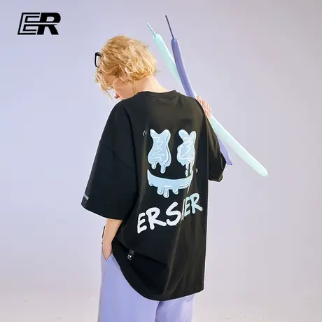 ER简约纯色印花T恤男夏季新款宽松ins潮牌情侣装短袖纯棉半袖上衣商品大图