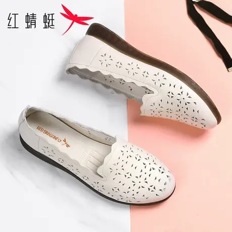 红蜻蜓女鞋夏季真皮软底防滑妈妈鞋镂空凉鞋中老年浅口休闲平底鞋图片