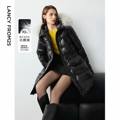 朗姿霍尔多巴吉白鹅绒设计感气质黑色外套女2024冬新款连帽羽绒服图片