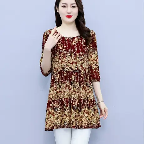 遮肚子小衫夏季2023新款大码中长款雪纺衫中袖宽松显瘦时尚女上衣商品大图